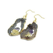 1pc Fashion Jewelry Gold Bezel Raw Geode crystal quartz stone druzy earrings for girl rough slice dangle women earrings for gift 2024 - buy cheap