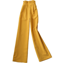 Calça feminina de cintura alta e pregas, peça calça de trabalho elegante com babado de cintura alta e perna larga, outono 2021 2024 - compre barato