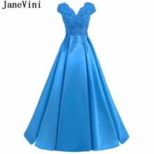 JaneVini Long Blue Bridesmaid Dresses for Women A-Line Lace Appliques Beaded Satin V Neck Backless Floor Length Prom Party Gowns 2024 - buy cheap