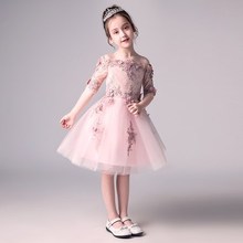 2018 vestidos de primera comunión rosa con aplicaciones para niñas vestido de fiesta de media manga para niños vestidos de Organza para niñas y flores para bodas 2024 - compra barato