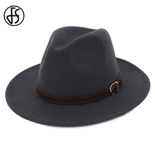 FS Felt Fedora Hats For Men Women Cotton Gray Black Wide Brim Trilby Cap British Style Vintage Church Top Hat With Leather Belt 2024 - buy cheap