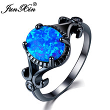 JUNXIN-anillos de ópalo de fuego bohemios para mujer, sortija de boda con piedra de nacimiento ovalada, color azul y blanco, con ondas de zirconia 2024 - compra barato