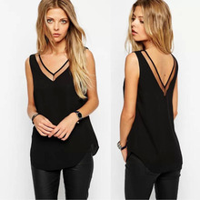 2015 New Women Summer Sleeveless Blouses Chiffon Shirts Sexy Frente Verso V-Neck Blusas Vintage Camisas Casual Tops Black White 2024 - buy cheap