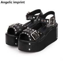 Angelic imprint woman mori girl lolita cosplay rivet punk shoes lady high heel wedges pumps women princess summer sandals 33-47 2024 - buy cheap