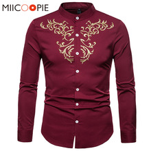 Men Shirts Slim Solid Royal Court Embroidery Henry Collar Long Sleeve Shirt Men Business Social Dress Shirt Camisa Masculina XXL 2024 - buy cheap