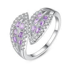 Hd anel joia feminina com folhas cruzadas, joia fashion simples roxo zircônia pedra cor prata personalidade anéis de casamento para mulheres 2024 - compre barato