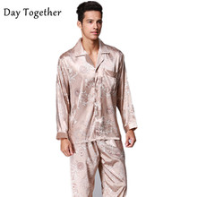 Pijama de seda cetim masculino, conjunto de roupas de dormir de seda falsa com mangas compridas e estampa de caxemira solta, 2 peças 2024 - compre barato