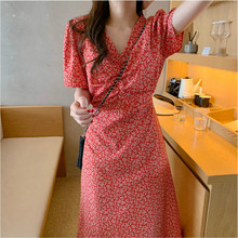 Sukienki Jurken-Vestido largo de verano para mujer, ropa coreana con volantes y flores rojas, escote en V, Estilo Vintage 2024 - compra barato