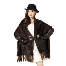 Mink cape fur mink knitted tassel large cape scarf Black mink fur shawl with pocket and fringes Fur scarf Free Shipping EMS 2024 - buy cheap