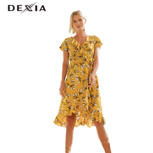 DEXIA 2018 Chiffon Beach Dresses Women Floral Sleeveless Summer V-Neck Dress Sexy Dress Loose Vestido Female Ruffles Dresses 2024 - buy cheap