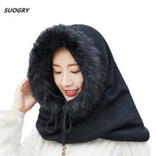 SUOGRY Women Winter Warm Knitted Hat Scarf Set Outdoor Sport Plus Plush Skullies Beanies Caps Hooded Scarves Women's Hat 2024 - buy cheap