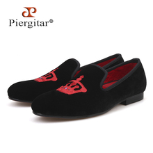 Piergitar 2019 New style Handmade Men Classic Loafers Red Crown Embroidery Slip-on Men Smoking Slippers Wedding and Party shoes 2024 - buy cheap