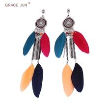 Pendientes chapados en plata Boho borla de plumas largas Clip en pendientes y pendientes perforados para mujeres de moda ética forma redonda Brincos grandes 2024 - compra barato