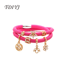 TDIYJ New Arrival 1Set Rose Red Magnetic Clasp Double Loop Genuine Sheepskin Leather Story Bracelet with 7Pcs Gold Story Charms 2024 - buy cheap