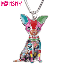 Bonsny Enamel Alloy Sitting Chihuahuas Dog Necklace Pendant Chain Collar Fashion Animal Jewelry For Women Girls Gift Accessories 2024 - buy cheap