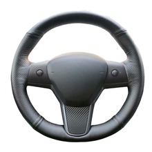 Volante de couro com costura manual para tesla model 3 17-19 2024 - compre barato