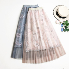 Korean style Floral Lace Embroidery Long Skirts Women 2018 Summer Pink High Waist Pleated Tulle Skirts Female School Maxi Skirt 2024 - buy cheap