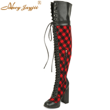 2021 inverno feminino luxo vermelho gingham botas de couro genuíno dedo do pé redondo salto quadrado sobre o joelho botas femininas rendas até sapatos 2024 - compre barato