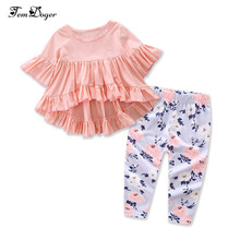 Conjunto de ropa para niños, conjunto de 2 prendas para recién nacidos, blusa rosa, dobladillo con volantes, Top y pantalones florales 2024 - compra barato