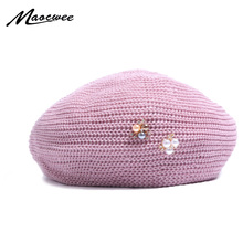 2019 new women's pearl rhinestone beret retro literary solid color painter hat spring and summer breathable adjustable beret 2024 - buy cheap