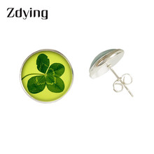 ZDYING Green plants Four-Leaf Clover Stud Earrings Glass Photo Cabochon Gems Earring Ear Stud Party Birthday Jewelry Gift YZ006 2024 - buy cheap