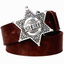 Fashion Wild men belts metal buckle retro Hexagram sheriff badge belt bold hip hop Street Dance belt exaggerated shape 2024 - buy cheap