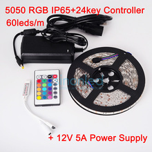 5M RGB SMD 5050 Waterproof 60LEDs/M DC12V LED Flexible Strip 300 LEDs+ mini 24Key IR  Controller+12V 5A Power Adapter 2024 - buy cheap