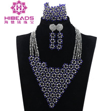 Latest New Indian Crystal Bib Necklace Set Royal Blue Mix Silver African Beads Statement Jewelry Sets Women Free Shipping ABH447 2024 - buy cheap