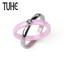 New Design Rotatable Ceramic Ring Silver Stainless Steel Double Circle Pink Color Rings For Women Fashion Jewelry Christmas Gift 2024 - buy cheap