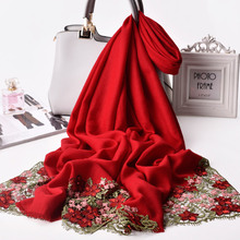 Echarpe de lã fina bordada, chales e warps femininos, marca de luxo, cachecol de lã vermelho quente 100%, lenços pashmina para mulheres, foulard feminino 2024 - compre barato