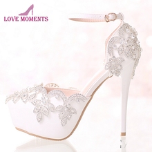 Ankle Strap White Wedding Shoes with Rhinestone Comfortable Bridal Dress Shoes Summer Women Pumps with Straps Prom Party Pumps 2024 - buy cheap