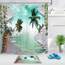 Cortina de ducha con palmeras de agua para baño, cortina de tela de poliéster impermeable para bañera con 12 ganchos, ladrillos grises 3D, color Pavo Real 2024 - compra barato