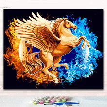 Золотая лошадь с крыльями художественные картины Рисование краски по номерам с цветами Цифры Картины для декора гостиной 2024 - купить недорого