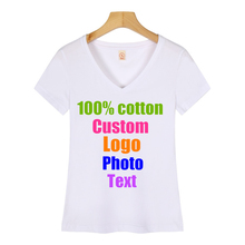 Camiseta Sexy ajustada de algodón para mujer, camisa de manga corta con cuello en V, logotipo personalizado, texto impreso, camisetas lisas para mujer, camisetas 2024 - compra barato