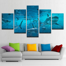 Póster de lona para pared, impresiones modulares, imágenes de tiburón de aguas profundas azules, pinturas cálidas para sala de estar, cuadro decorativo para el hogar, 5 piezas 2024 - compra barato