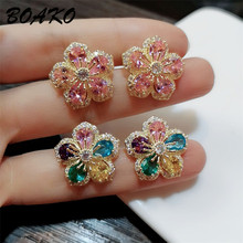 Корейские блестящие красочные серьги-гвоздики с кристаллами для женщин милые цветочные серьги с фианитом класса ААА модные украшения свадебный подарок 2024 - купить недорого