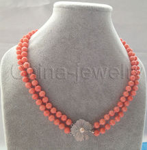 Hot sale Free Shipping>>>>>Beautiful 18.5-19.5" 2row 7mm round pink coral necklace - shell clasp 2024 - buy cheap