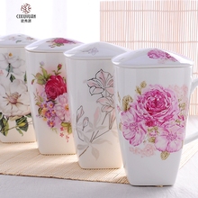 Vasos de porcelana de hueso real con tapa, taza divertida de café, tazas grandes de café con pintura floral, taza de cerámica, regalo perfecto, 700ML 2024 - compra barato
