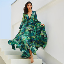 Leaf Print Women Dress Summer 2019 New V-Neck Lantern Sleeve Vestidos Casual Big Swing Ankle-Length Robe  693 2024 - buy cheap