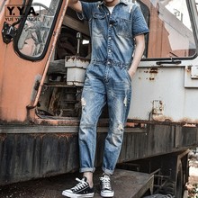Japan Retro Mens Overalls Short Sleeved One Piece Denim Pants Casual Washed Jeans Jumpsuits Button Classic Hole Ripped Trousers 2024 - buy cheap