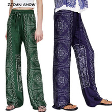 Pantalones largos de pierna ancha con estampado de cuadros geométricos para mujer, pantalón informal holgado de cintura alta, color verde étnico, nuevo, primavera 2019 2024 - compra barato