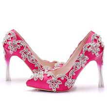 Sapatos de salto alto feminino vermelho rosa, salto alto 10.5cm, cravejado de cristal, festa de noiva, sensual, bico de couro ponteagudo, sapatos femininos 2024 - compre barato