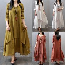 2018 Women Peasant Ethnic Boho Cotton Linen Long Sleeve Long Maxi Dress Casual Vintage Loose Ball Gown Solid Plus Size Dresses 2024 - buy cheap