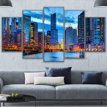 Framed Canvas Wall Art Pictures Home Decor 5 Pieces Chicago City Night View Paintings HD Prints Beautiful River City 2024 - buy cheap