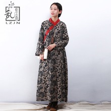 LZJN Chinese Hanfu Style Vintage Floral Dress 2020 Spring Autumn Maxi Dresses Women Contrast Collar Chic Cotton Linen Robe Femme 2024 - buy cheap