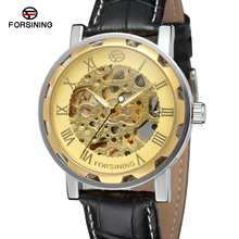 2019 Fashion Forsining Top Brand Luxury Golden Dial Mens Black Skeleton Hand Wind Mechanical Watch Wrist Hours Leather Clocks 2024 - buy cheap