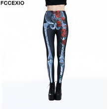 Fccexio-nova calça legging feminina com caveira, cintura alta, treino, fitness, 3d, estampa de esqueleto rosa, tamanho grande, para mulheres 2024 - compre barato