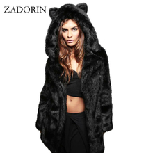Женская Шуба из искусственного лисьего меха ZADORIN, теплая черная куртка с капюшоном и кошачьими ушками, с длинным рукавом, из искусственного меха 2024 - купить недорого