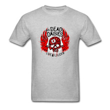 Camiseta masculina estilo punk live & louder, camiseta cinza do crânio, desenho, arte vintage, asas vermelhas, estampa, 2018 2024 - compre barato