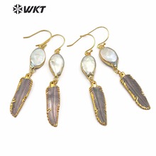 WT-E494 WKT romantic pearls with shell earrings natural pearls connected shells light feather shape golden decorative earrings 2024 - buy cheap